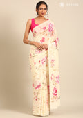 Cream Floral Printed Crepe Saree - Taashi