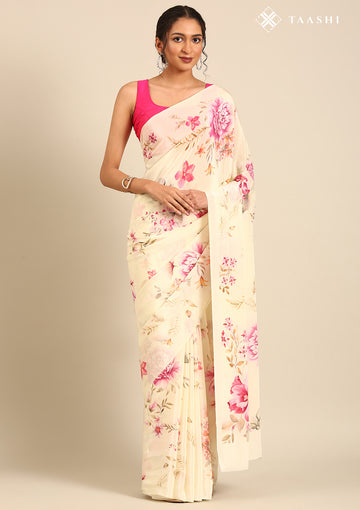 Cream Floral Printed Crepe Saree