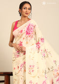 Cream Floral Printed Crepe Saree - Taashi