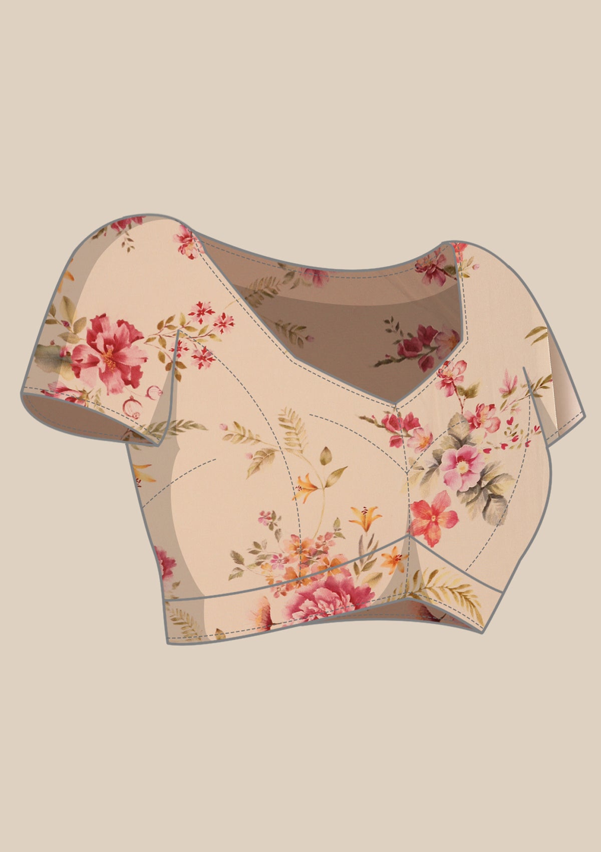 Cream Floral Printed Crepe Saree