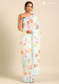 Pastel Blue Floral Printed Crepe Saree - Taashi