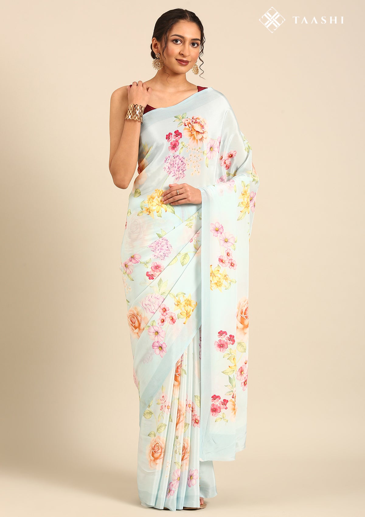 Pastel Blue Floral Printed Crepe Saree