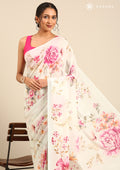 Pastel Mint Blue Floral Printed Crepe Saree - Taashi
