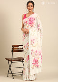 Pastel Mint Blue Floral Printed Crepe Saree - Taashi