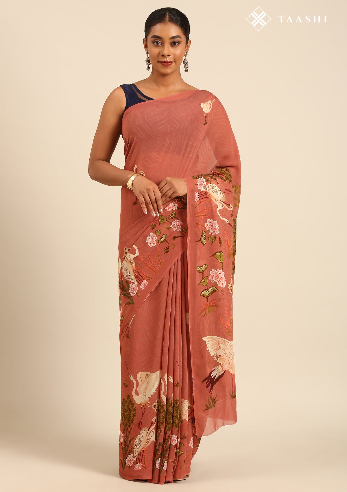Dusty Dark Pink Flamingo Floral Printed Georgette Saree