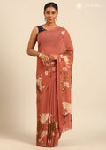 Dusty Dark Pink Flamingo Floral Printed Georgette Saree - Taashi