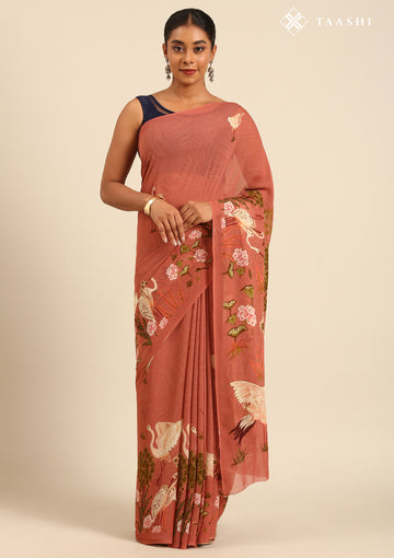 Dusty Dark Pink Flamingo Floral Printed Georgette Saree