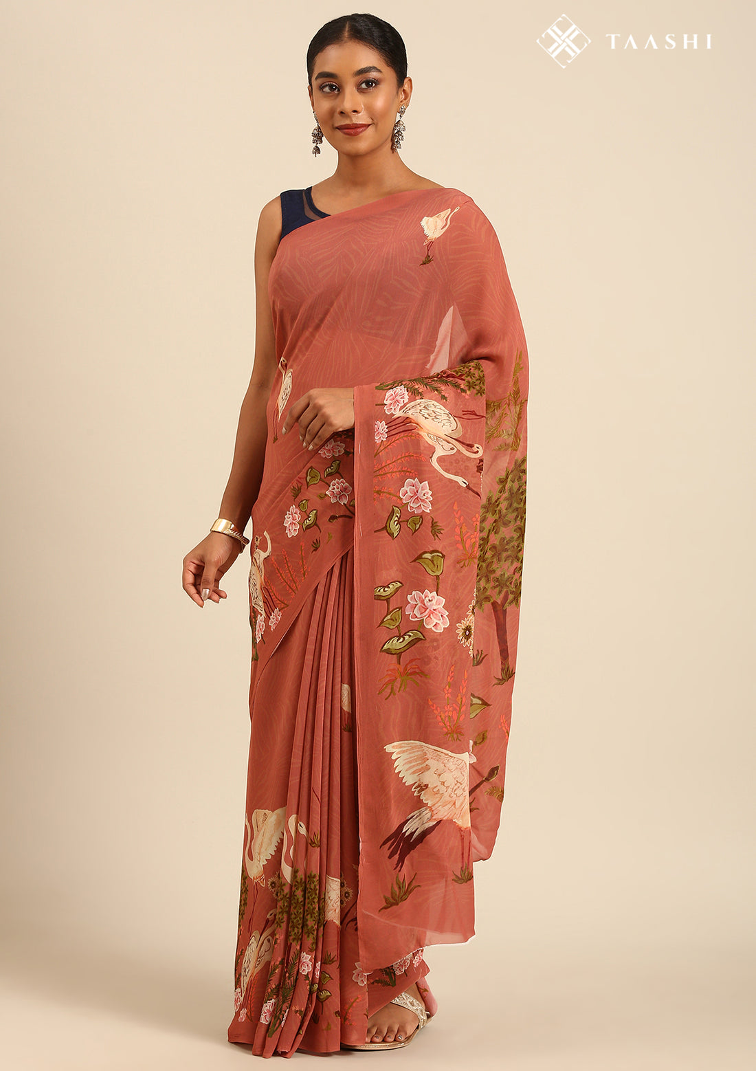 Dusty Dark Pink Flamingo Floral Printed Georgette Saree