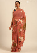 Dusty Dark Pink Flamingo Floral Printed Georgette Saree - Taashi