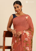 Dusty Dark Pink Flamingo Floral Printed Georgette Saree - Taashi