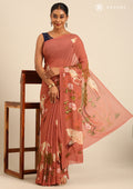 Dusty Dark Pink Flamingo Floral Printed Georgette Saree - Taashi