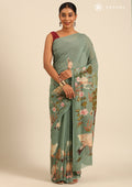Dusty Dark Green Flamingo Floral Printed Georgette Saree - Taashi