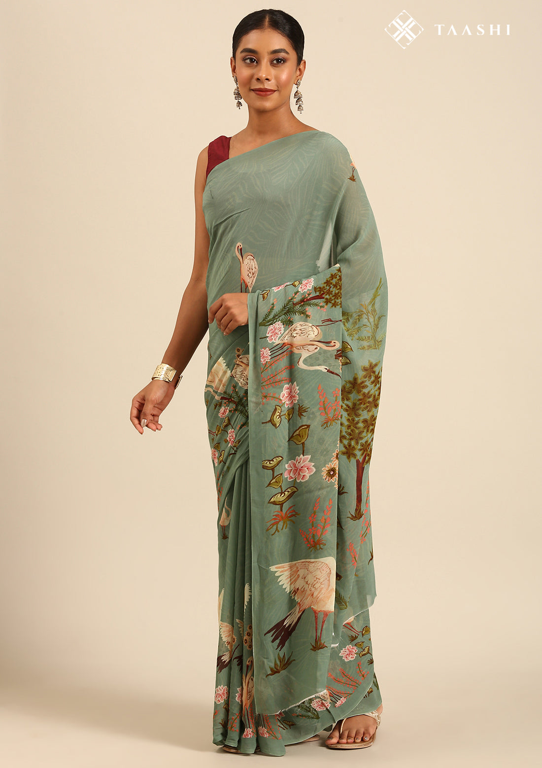 Dusty Dark Green Flamingo Floral Printed Georgette Saree
