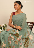 Dusty Dark Green Flamingo Floral Printed Georgette Saree - Taashi