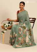 Dusty Dark Green Flamingo Floral Printed Georgette Saree - Taashi