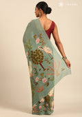 Dusty Dark Green Flamingo Floral Printed Georgette Saree - Taashi