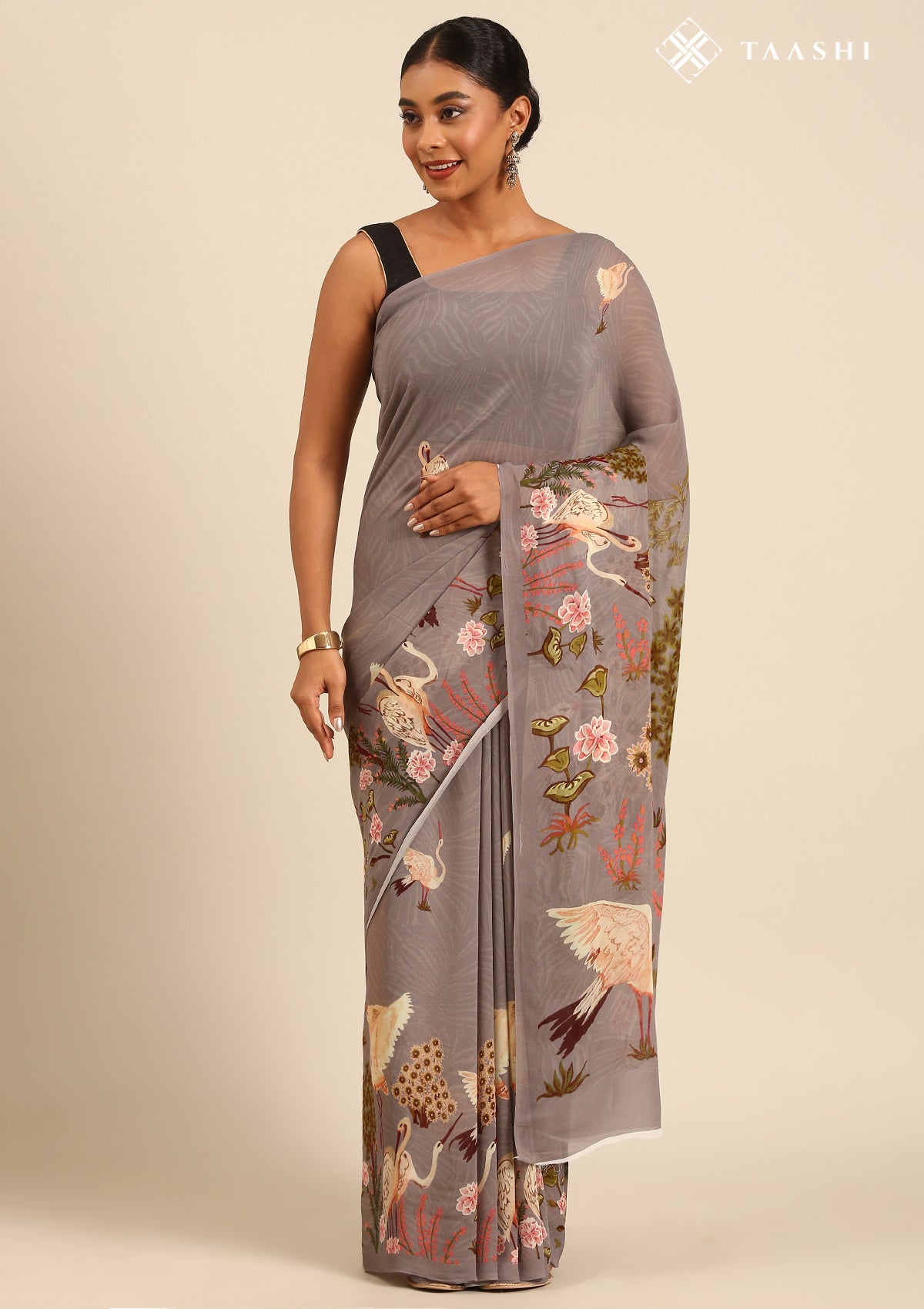 Dusty Dark Grey Flamingo Floral Printed Georgette Saree