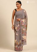 Dusty Dark Grey Flamingo Floral Printed Georgette Saree - Taashi
