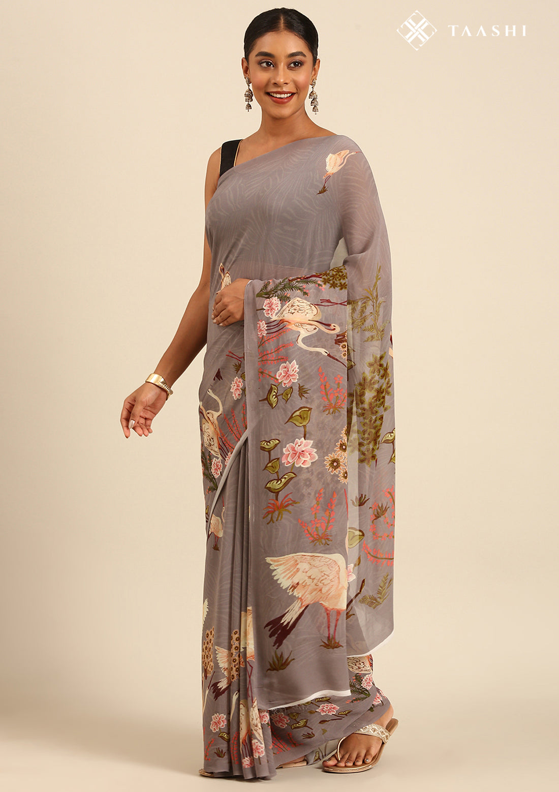 Dusty Dark Grey Flamingo Floral Printed Georgette Saree