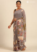 Dusty Dark Grey Flamingo Floral Printed Georgette Saree - Taashi
