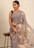 Dusty Dark Grey Flamingo Floral Printed Georgette Saree - Taashi