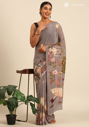 Dusty Dark Grey Flamingo Floral Printed Georgette Saree - Taashi