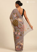 Dusty Dark Grey Flamingo Floral Printed Georgette Saree - Taashi