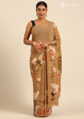 Dusty Dark Beige Flamingo Floral Printed Georgette Saree - Taashi