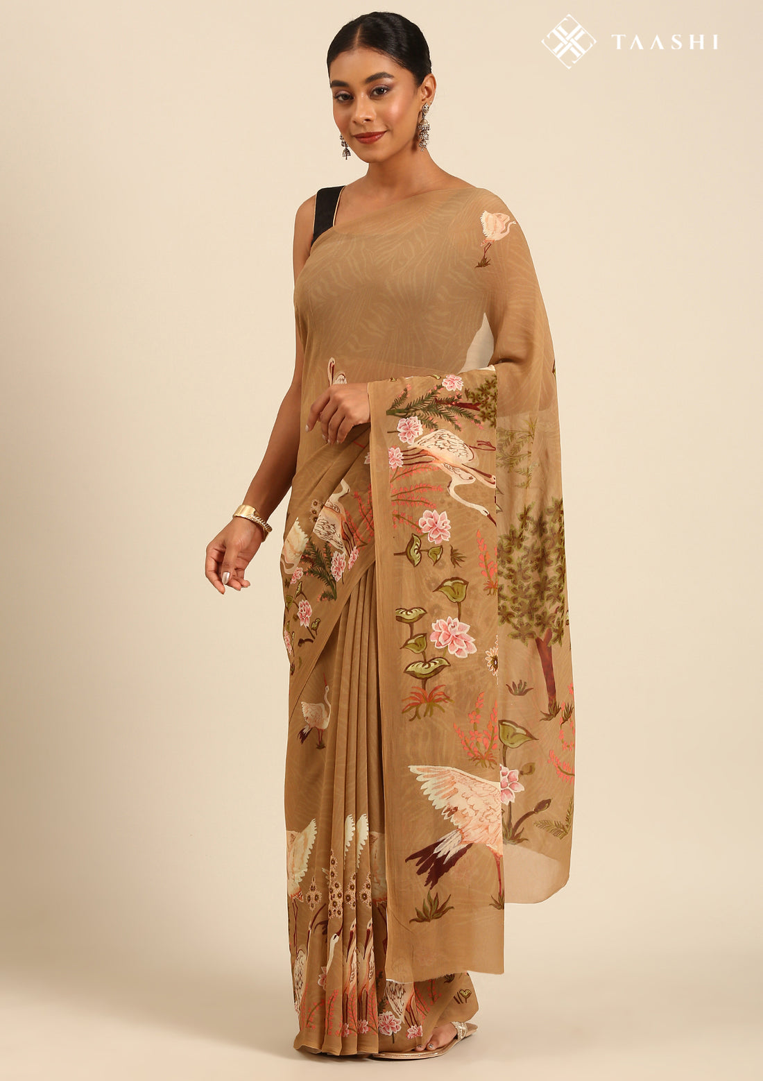 Dusty Dark Beige Flamingo Floral Printed Georgette Saree