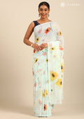 Pastel Blue Watercolor Floral Printed Georgette Saree - Taashi