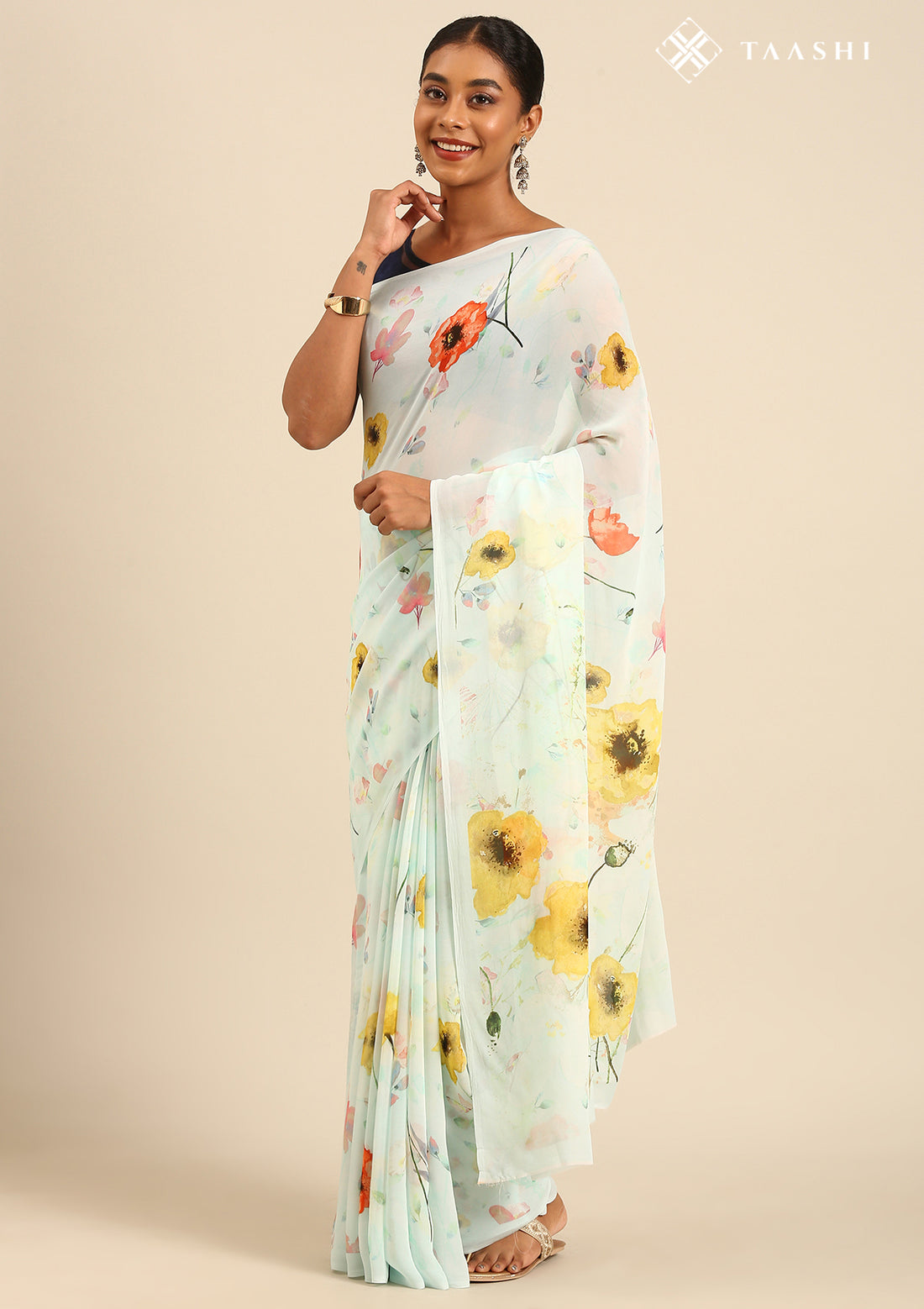 Pastel Blue Watercolor Floral Printed Georgette Saree