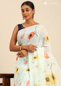 Pastel Blue Watercolor Floral Printed Georgette Saree - Taashi