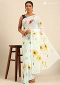 Pastel Blue Watercolor Floral Printed Georgette Saree - Taashi