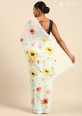Pastel Blue Watercolor Floral Printed Georgette Saree - Taashi
