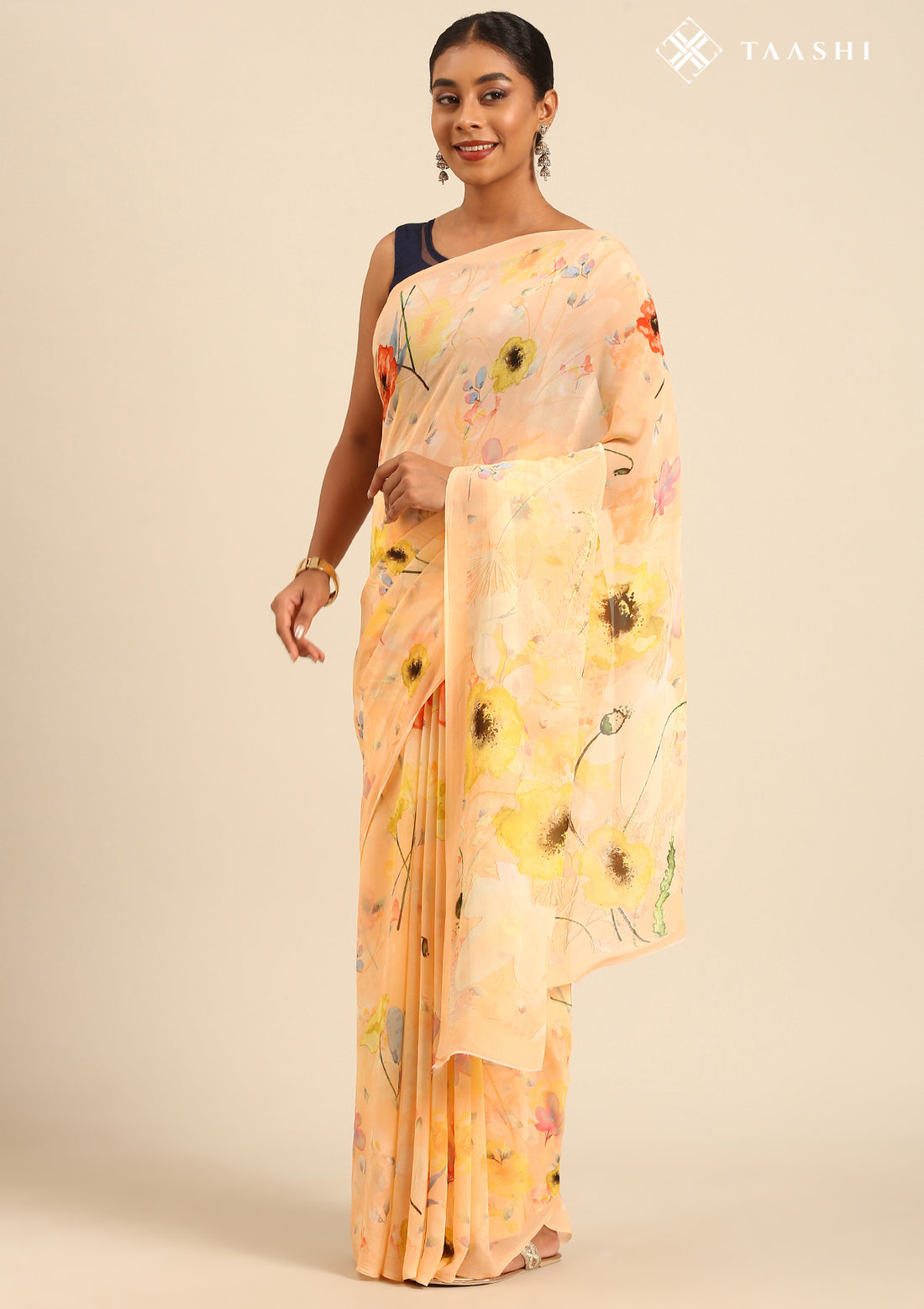 Pastel Orange Watercolor Floral Printed Georgette Saree
