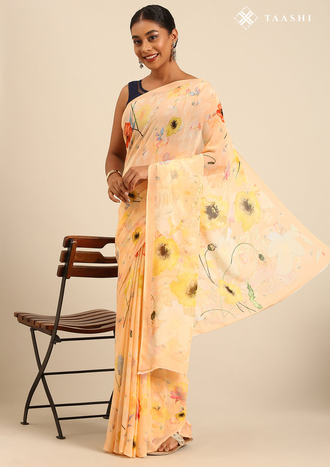 Pastel Orange Watercolor Floral Printed Georgette Saree - Taashi