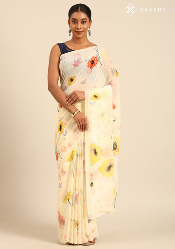 Pastel Yellow Watercolor Floral Printed Georgette Saree