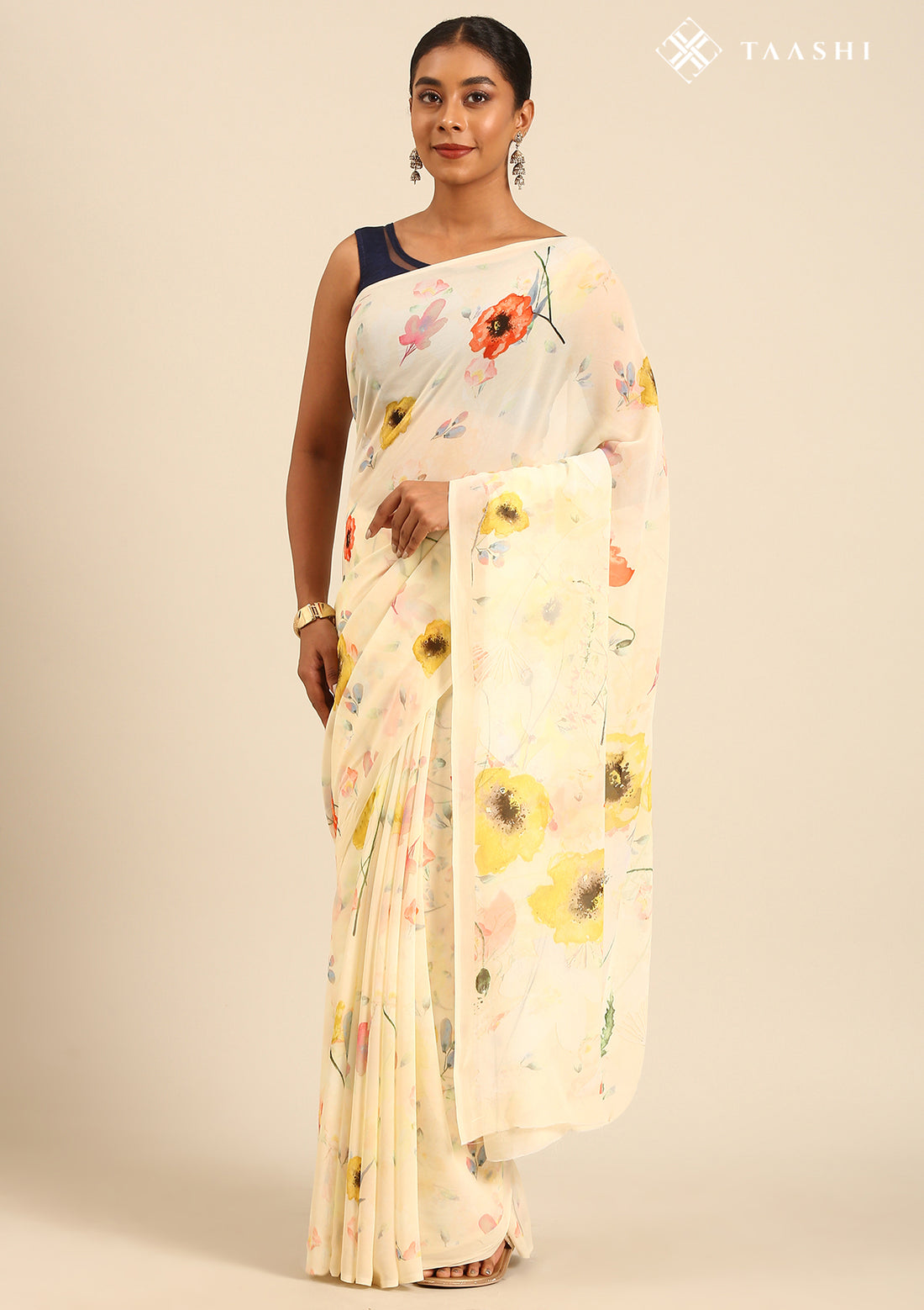 Pastel Yellow Watercolor Floral Printed Georgette Saree