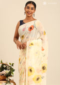 Pastel Yellow Watercolor Floral Printed Georgette Saree - Taashi