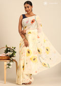 Pastel Yellow Watercolor Floral Printed Georgette Saree - Taashi