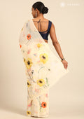Pastel Yellow Watercolor Floral Printed Georgette Saree - Taashi