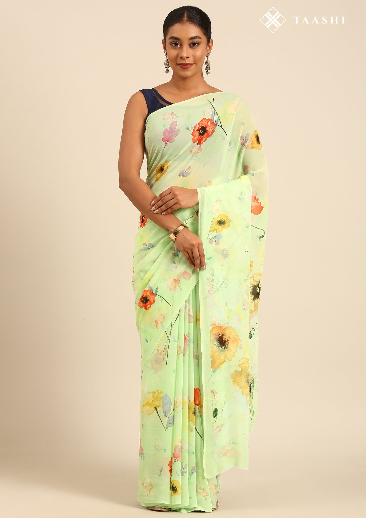 Pastel Green Watercolor Floral Printed Georgette Saree