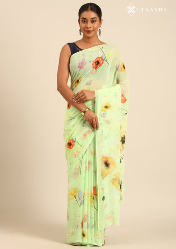 Pastel Green Watercolor Floral Printed Georgette Saree
