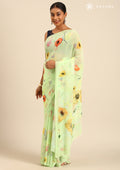 Pastel Green Watercolor Floral Printed Georgette Saree - Taashi