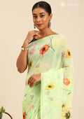 Pastel Green Watercolor Floral Printed Georgette Saree - Taashi
