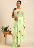 Pastel Green Watercolor Floral Printed Georgette Saree - Taashi