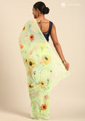 Pastel Green Watercolor Floral Printed Georgette Saree - Taashi