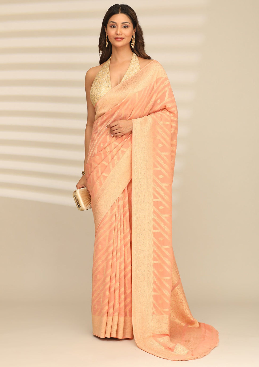 Peach Georgette Contemporary Woven Saree