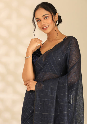 Navy Blue Linen Woven Saree