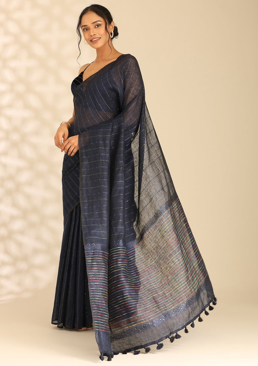 Navy Blue Linen Woven Saree